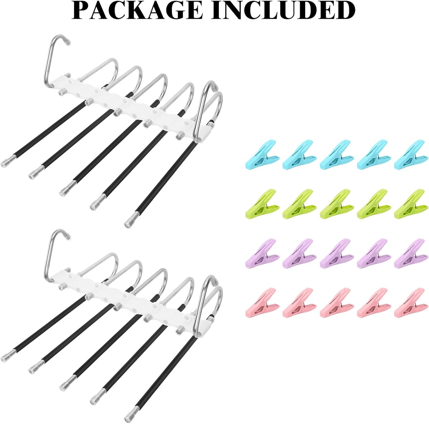 Perchas para pantalones de 5 capas, perchas de acero inoxidable que ahorran espacio, 20 unidades, pinzas fijas, antideslizantes, multifuncionales, para colgar pantalones, jeans, leggings, bufandas, faldas