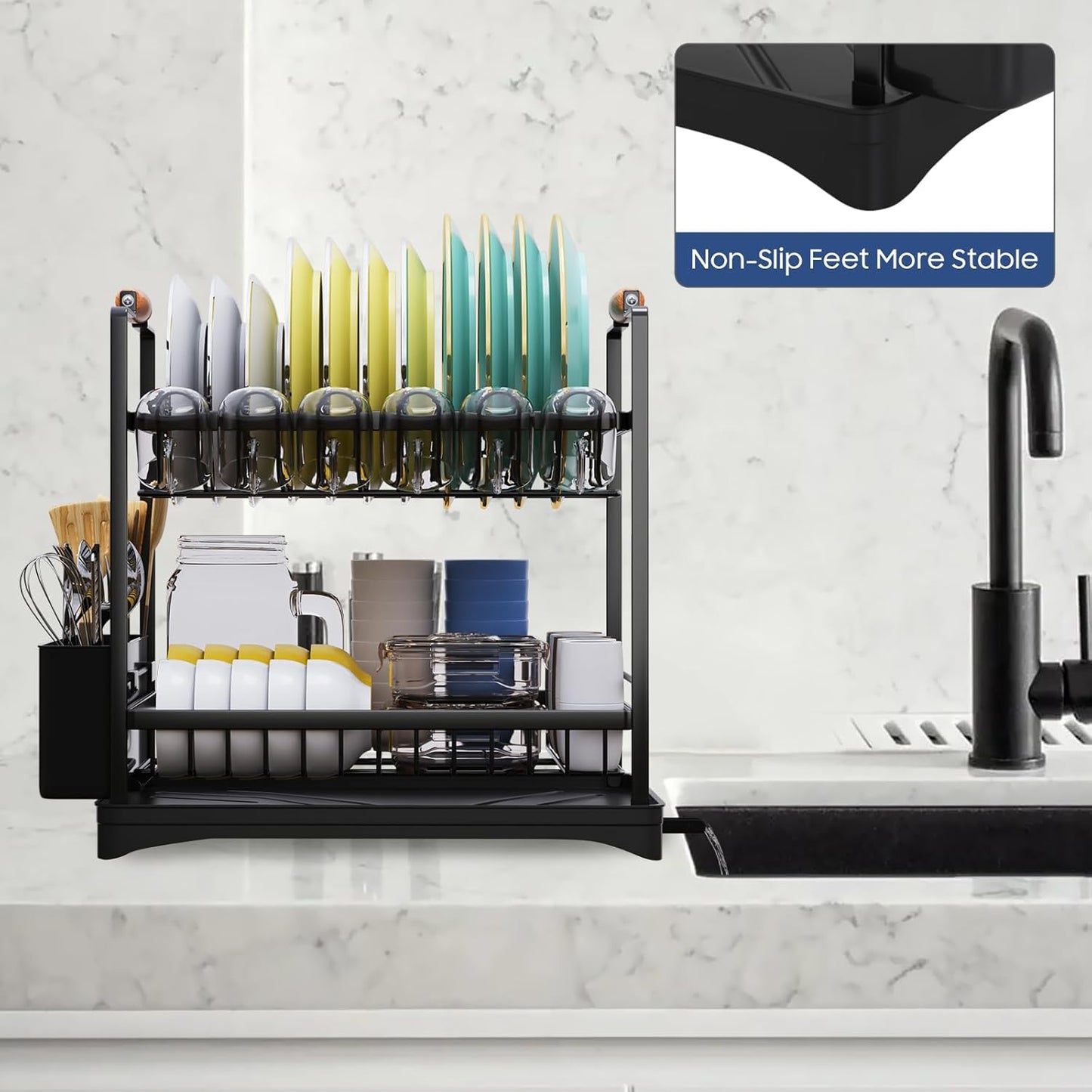 Escurridor de platos grande de 2 niveles para encimera de cocina con escurridor y soporte para cubiertos, negro, 16.54 pulgadas de profundidad x 11.81 pulgadas de ancho x 17.71 pulgada