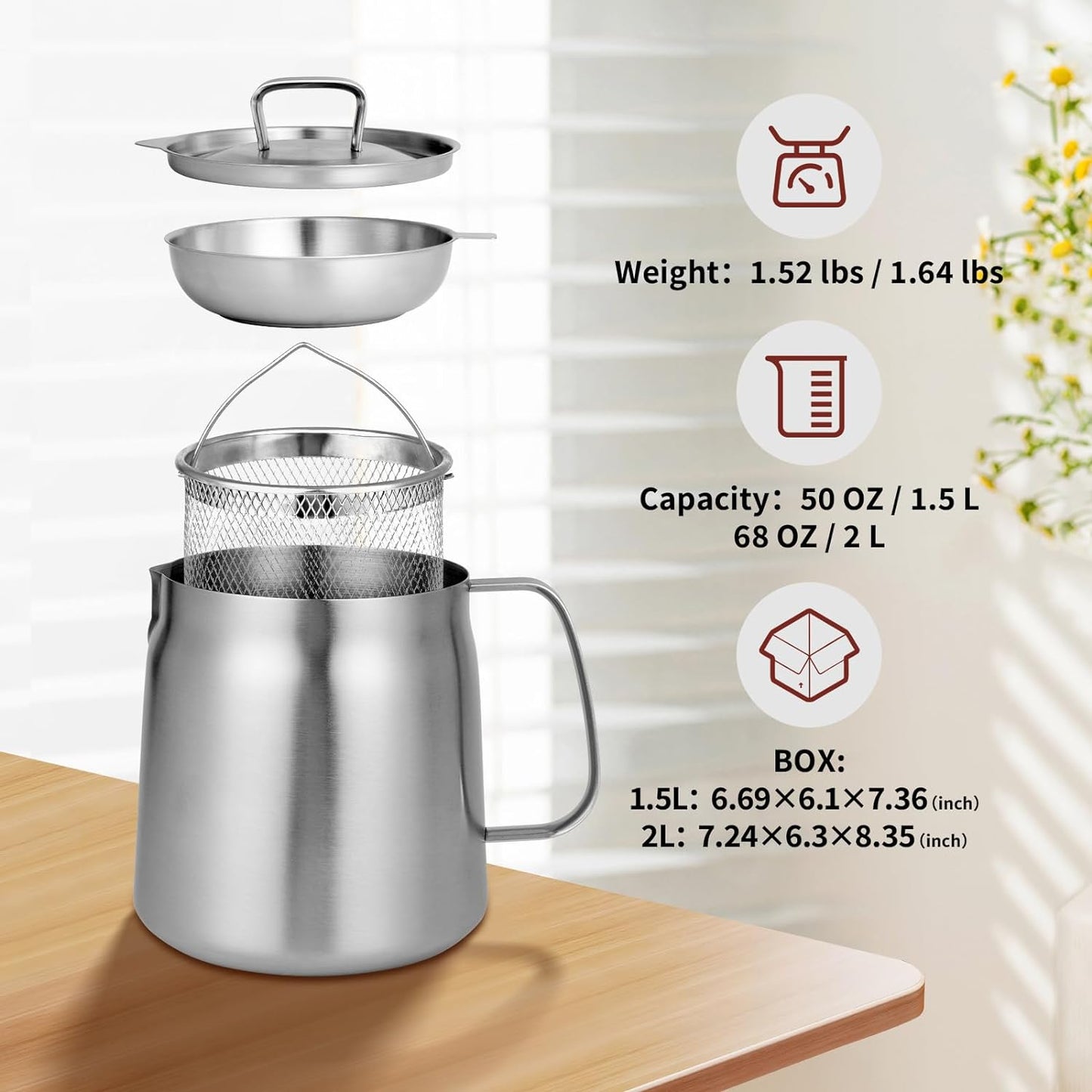 Olla de filtro de aceite de acero inoxidable 304 de 68 oz, recipiente de filtro de aceite versátil de gran capacidad, contenedor de grasa de tocino de acero inoxidable resistente, tanque de red para freír multifunción para cocina/camping (50 oz/1,5 L)