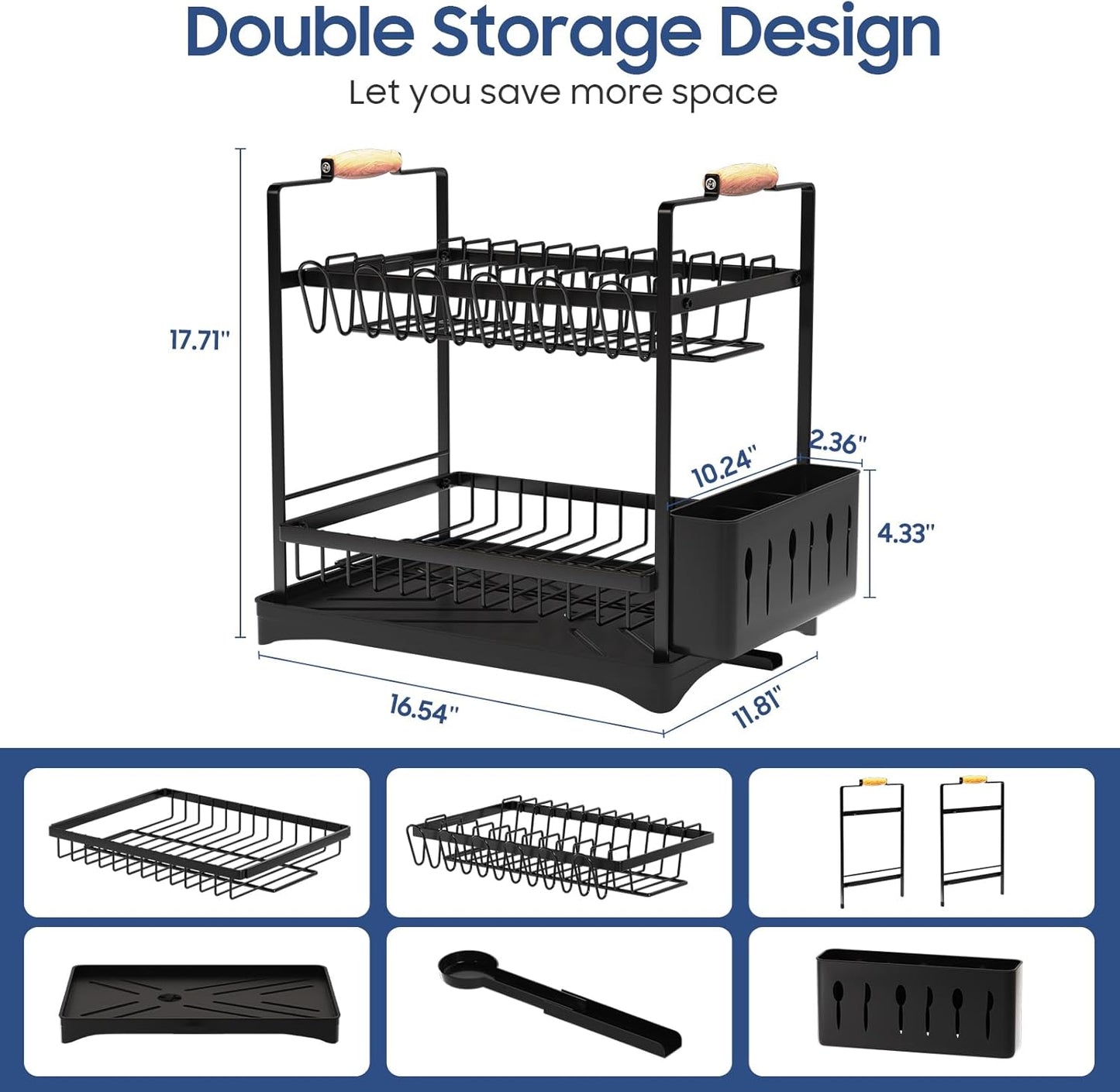 Escurridor de platos grande de 2 niveles para encimera de cocina con escurridor y soporte para cubiertos, negro, 16.54 pulgadas de profundidad x 11.81 pulgadas de ancho x 17.71 pulgada