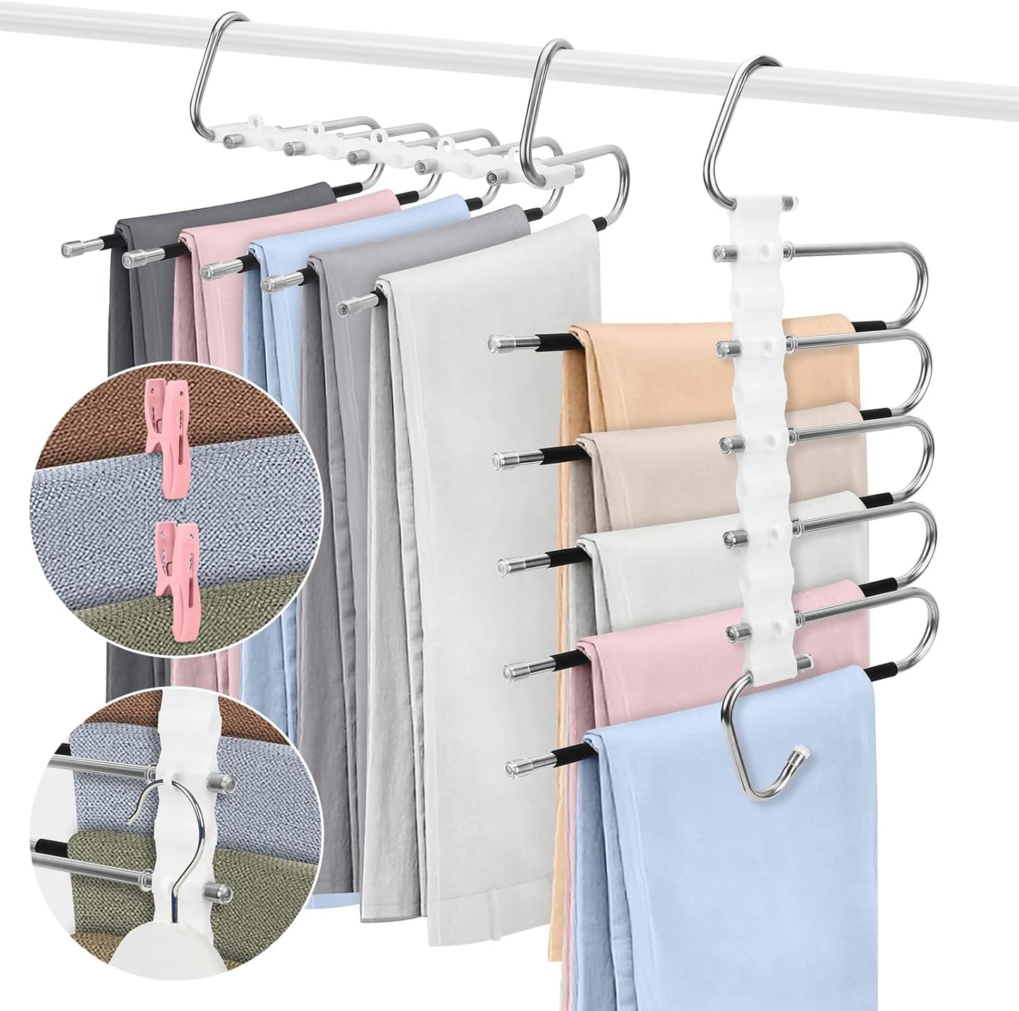 Perchas para pantalones de 5 capas, perchas de acero inoxidable que ahorran espacio, 20 unidades, pinzas fijas, antideslizantes, multifuncionales, para colgar pantalones, jeans, leggings, bufandas, faldas