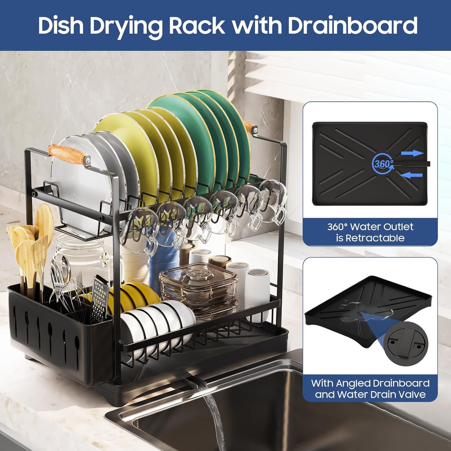 Escurridor de platos grande de 2 niveles para encimera de cocina con escurridor y soporte para cubiertos, negro, 16.54 pulgadas de profundidad x 11.81 pulgadas de ancho x 17.71 pulgada