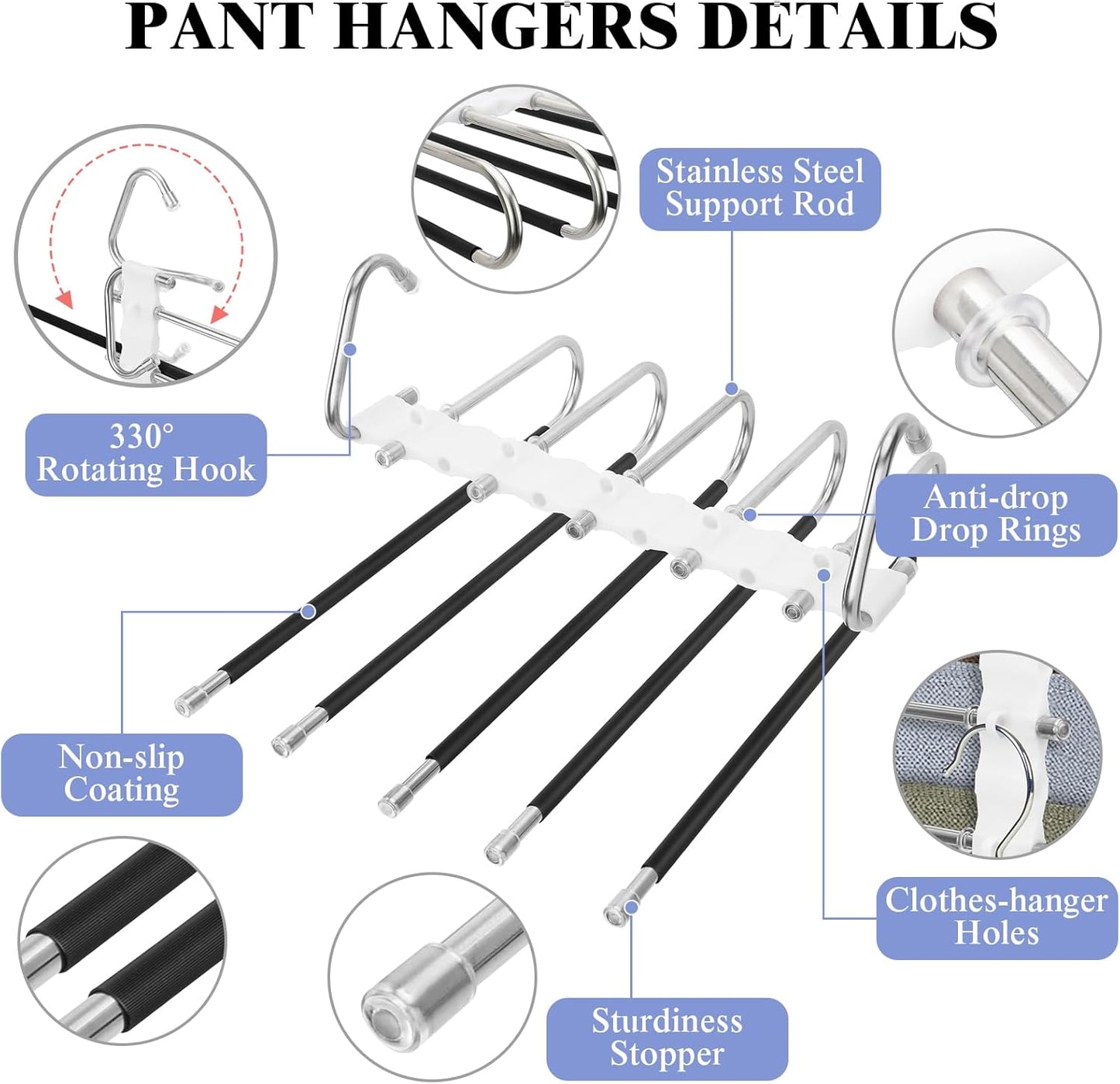 Perchas para pantalones de 5 capas, perchas de acero inoxidable que ahorran espacio, 20 unidades, pinzas fijas, antideslizantes, multifuncionales, para colgar pantalones, jeans, leggings, bufandas, faldas