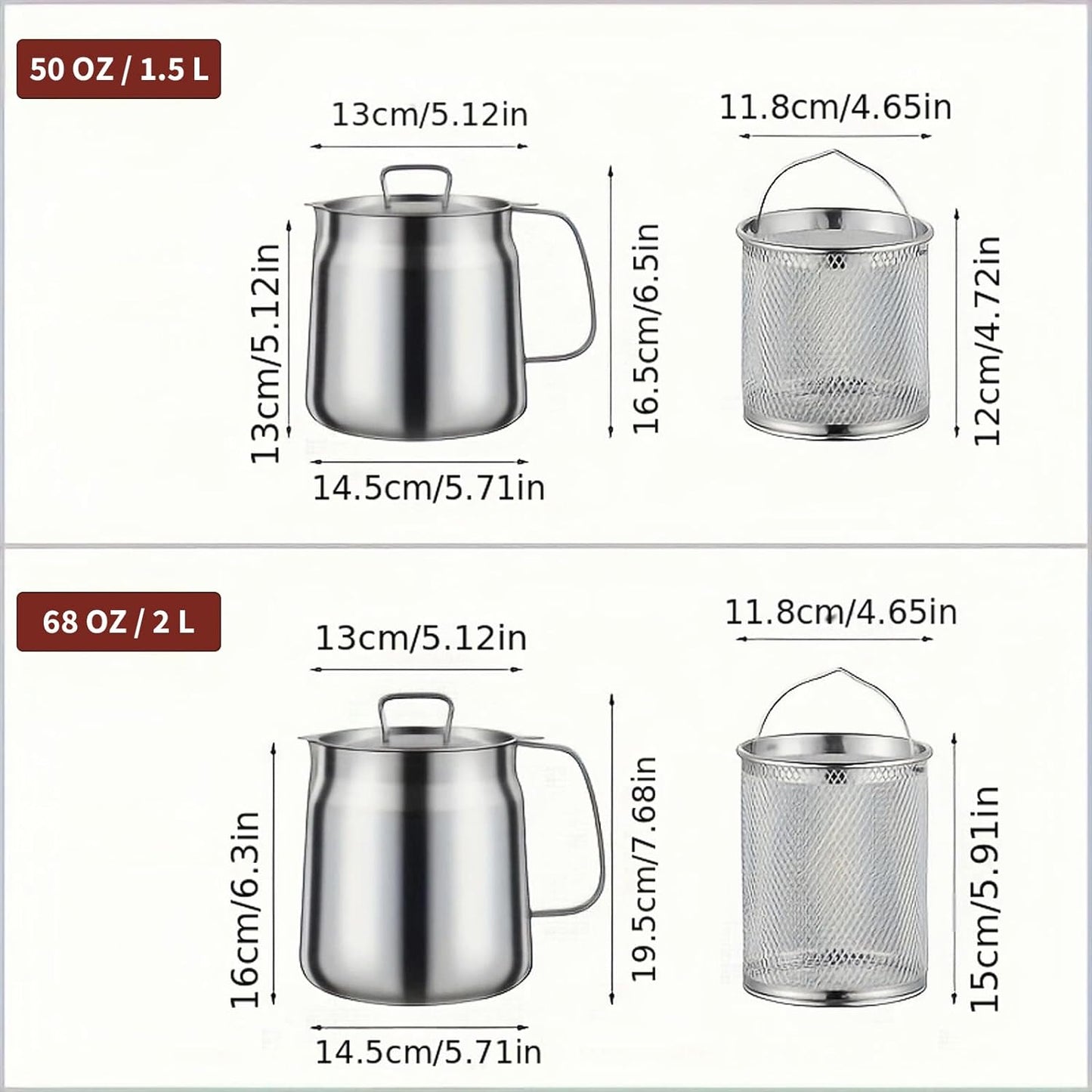Olla de filtro de aceite de acero inoxidable 304 de 68 oz, recipiente de filtro de aceite versátil de gran capacidad, contenedor de grasa de tocino de acero inoxidable resistente, tanque de red para freír multifunción para cocina/camping (50 oz/1,5 L)