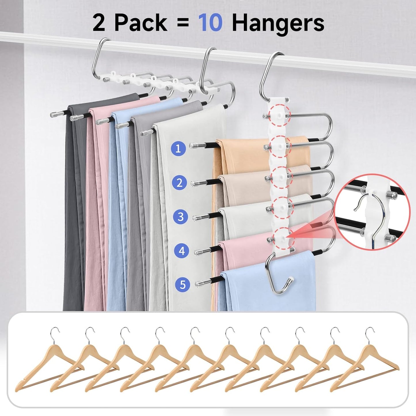 Perchas para pantalones de 5 capas, perchas de acero inoxidable que ahorran espacio, 20 unidades, pinzas fijas, antideslizantes, multifuncionales, para colgar pantalones, jeans, leggings, bufandas, faldas