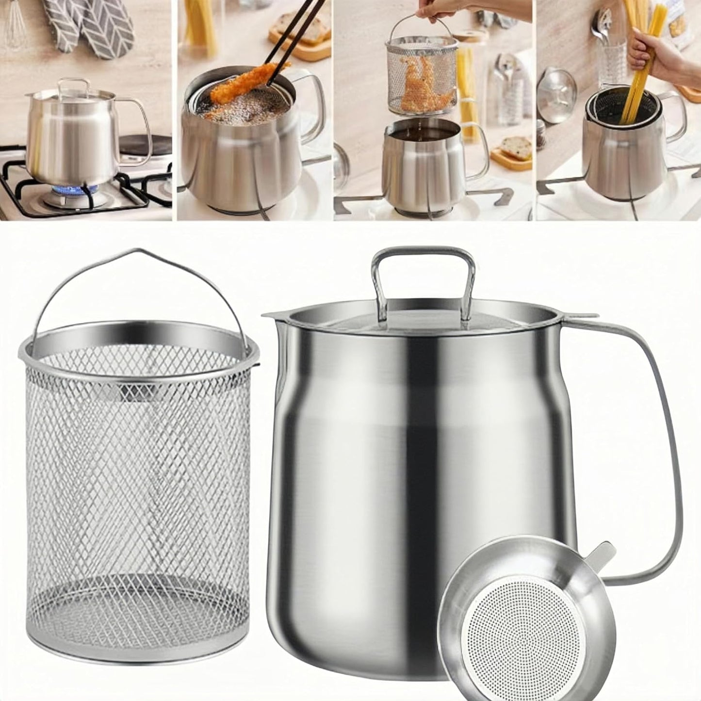 Olla de filtro de aceite de acero inoxidable 304 de 68 oz, recipiente de filtro de aceite versátil de gran capacidad, contenedor de grasa de tocino de acero inoxidable resistente, tanque de red para freír multifunción para cocina/camping (50 oz/1,5 L)