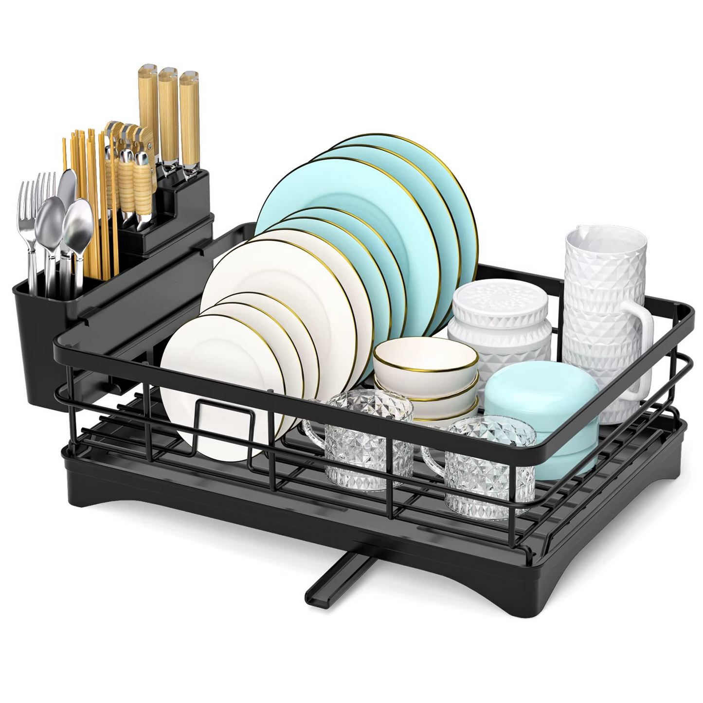 Escurridor de platos para encimera de cocina, escurridor grande con escurridor, escurridor de platos inoxidable con soporte para utensilios para fregadero, color negro (UN SOLO NIVEL)