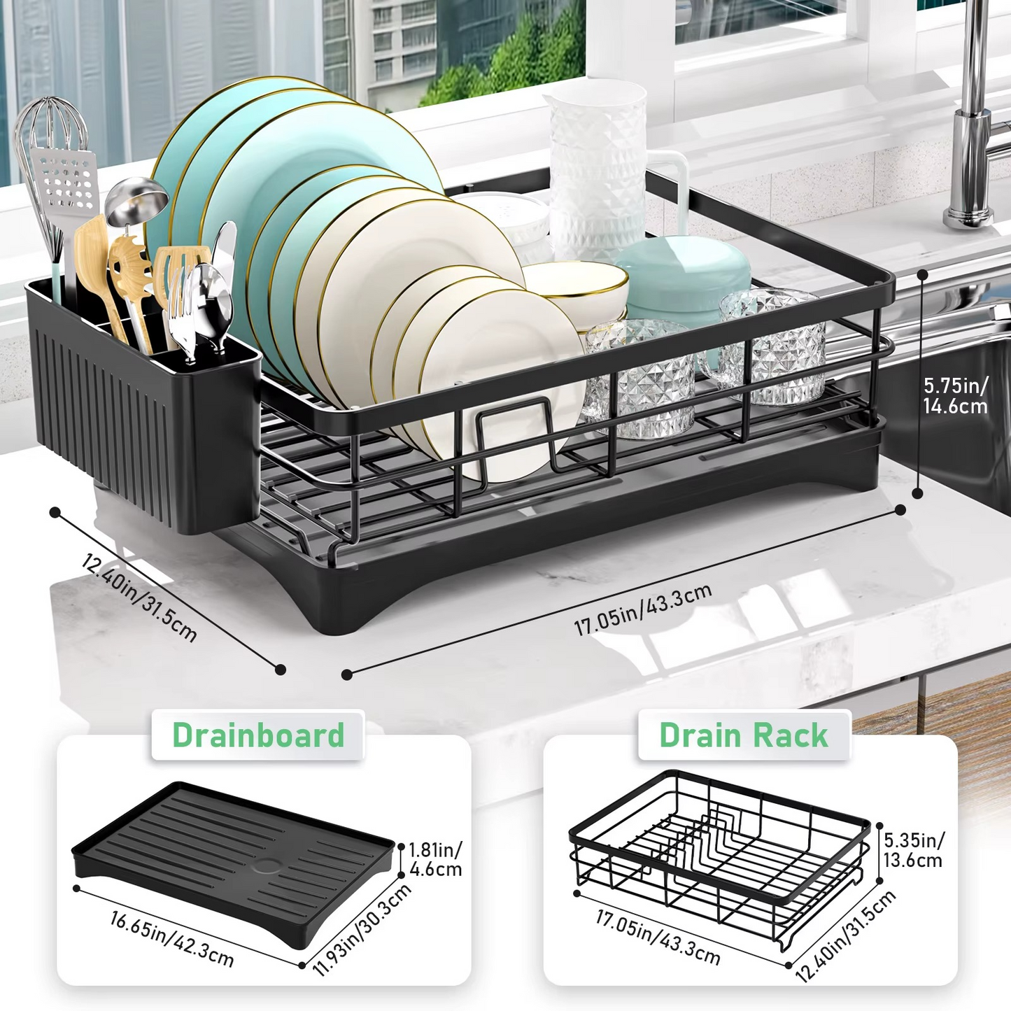 Escurridor de platos para encimera de cocina, escurridor grande con escurridor, escurridor de platos inoxidable con soporte para utensilios para fregadero, color negro (UN SOLO NIVEL)
