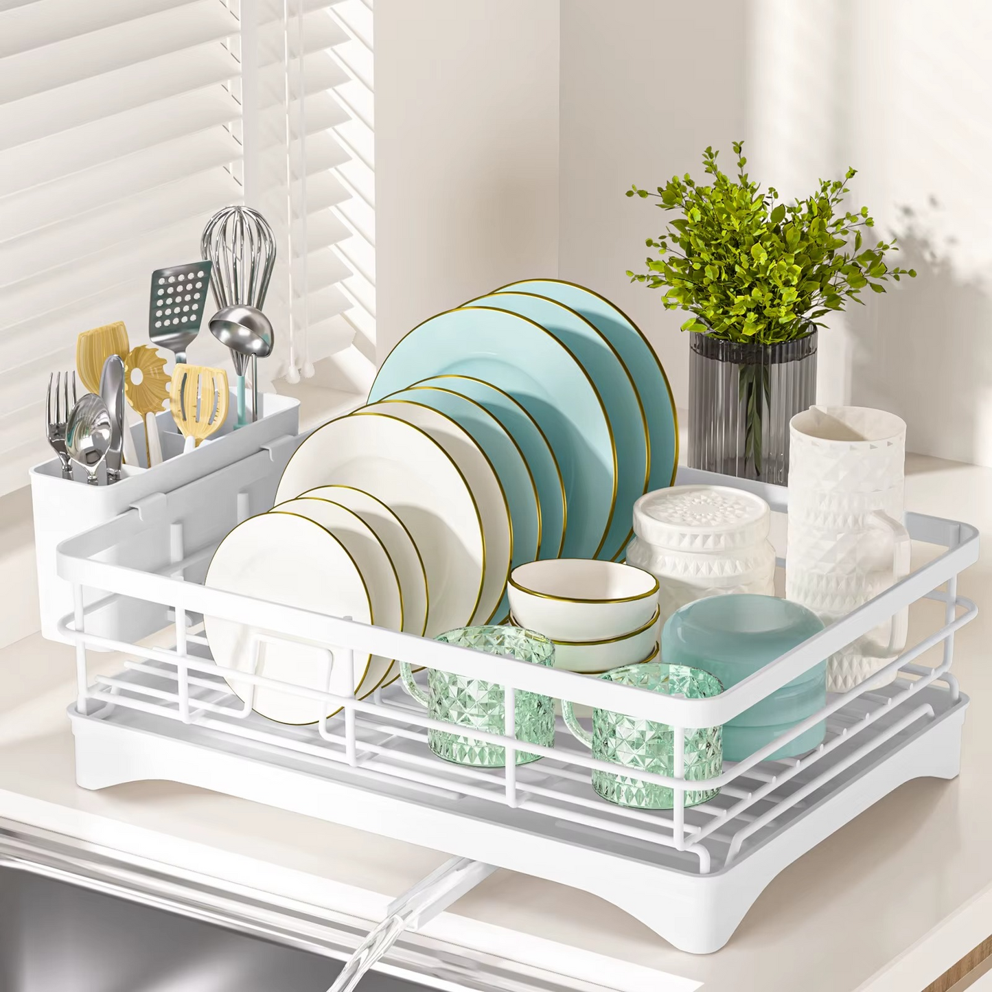 Escurridor de platos para encimera de cocina, escurridor grande con escurridor, escurridor de platos inoxidable con soporte para utensilios para fregadero, color negro (UN SOLO NIVEL)