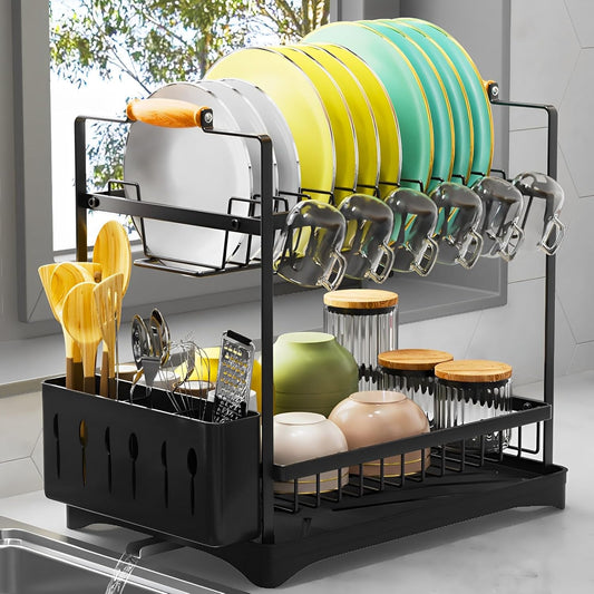 Escurridor de platos grande de 2 niveles para encimera de cocina con escurridor y soporte para cubiertos, negro, 16.54 pulgadas de profundidad x 11.81 pulgadas de ancho x 17.71 pulgada