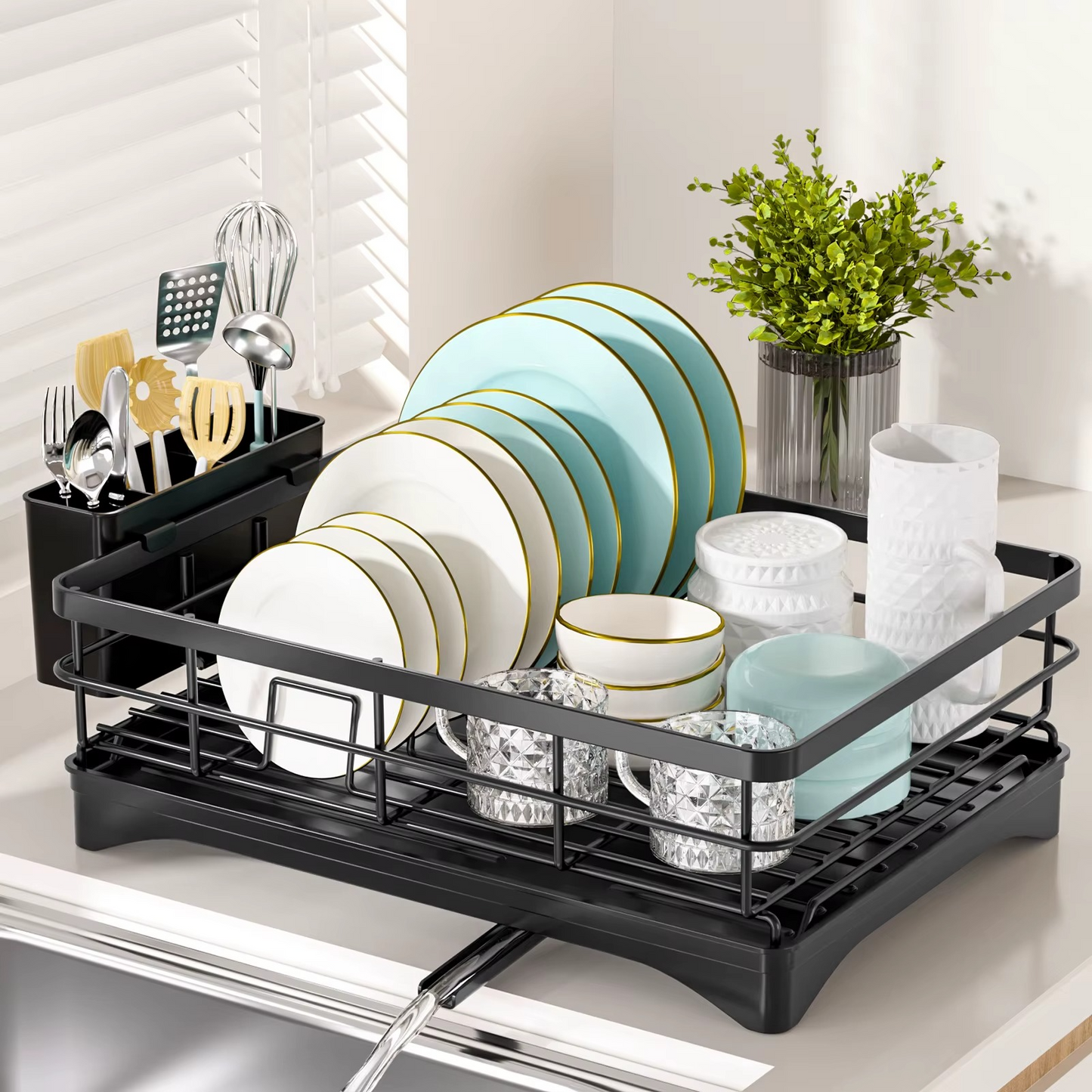 Escurridor de platos para encimera de cocina, escurridor grande con escurridor, escurridor de platos inoxidable con soporte para utensilios para fregadero, color negro (UN SOLO NIVEL)